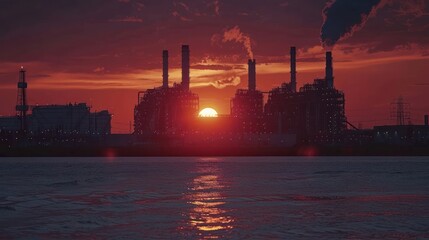 Sunset over industrial skyline reflecting on water with smokestacks and power lines in view