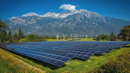 Solar Panels and Wind Turbines Beneath Majestic Mountains