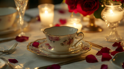 Fototapeta premium A table set for two with fine rose petals, and soft candlelight.
