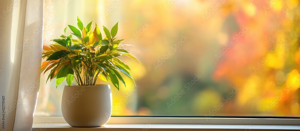 Poster green plant in a pot by window overlooking vibrant autumn trees with soft natural light and ample sp