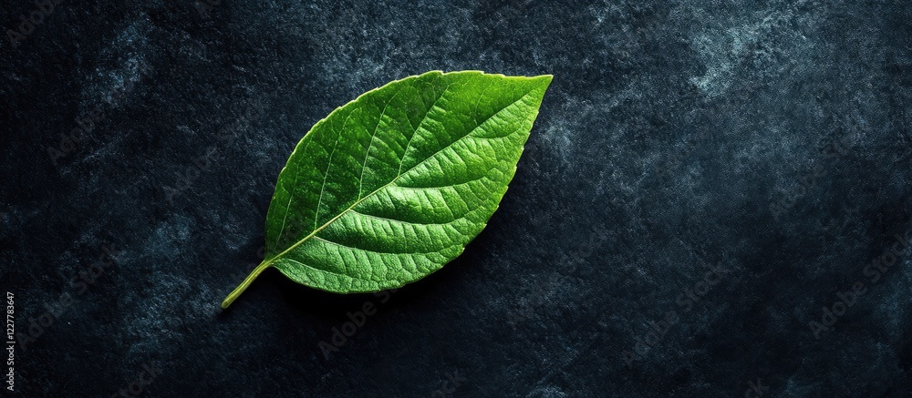 Poster green leaf on dark textured background with negative space for text placement in nature and wellness