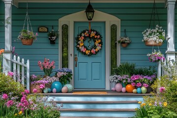 Porch of a house decorated for Easter holidays with colorful Easter eggs and beautiful spring flowers	