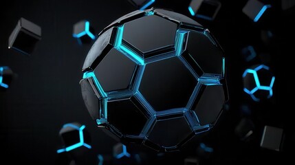 Dynamic Black and Blue Soccer Ball in Motion Surrounded by Floating Geometric Shapes in a Futuristic Digital Environment