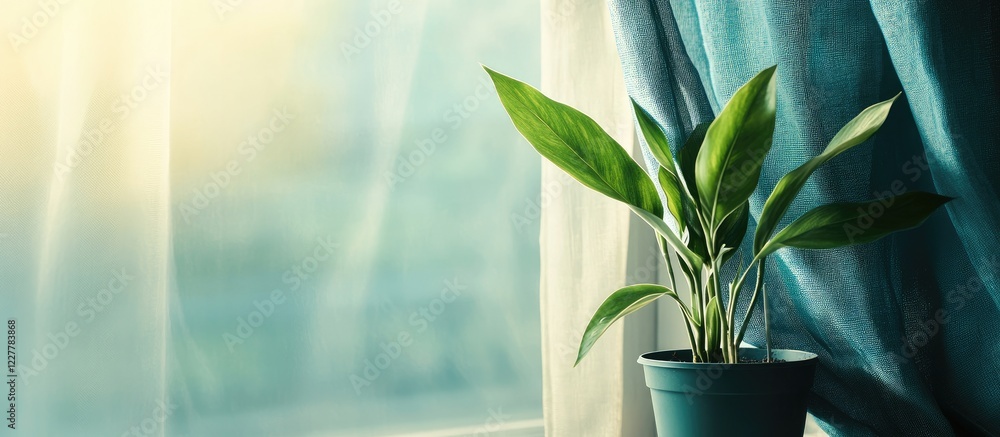 Wall mural Lush green potted plant by a sunlit window with draped curtains and ample space for personalized text or messaging