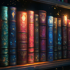 collection of ornate, colorful books with intricate designs on their spines, illuminated by warm glow, creating magical atmosphere