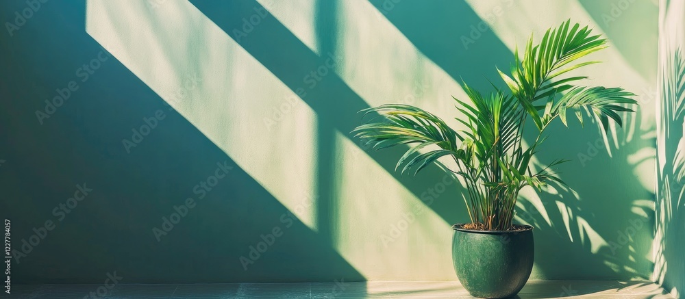 Poster green potted plant beside window creating dramatic shadows with ample space for text in a serene ind