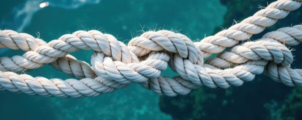 Fototapeta premium Group of white ship ropes connected by reef knot , knotted, cargo