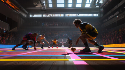 A tense moment during a Slambol game, a player crouches and readies themselves for a powerful serve while their teammates prepare to launch an attack. 