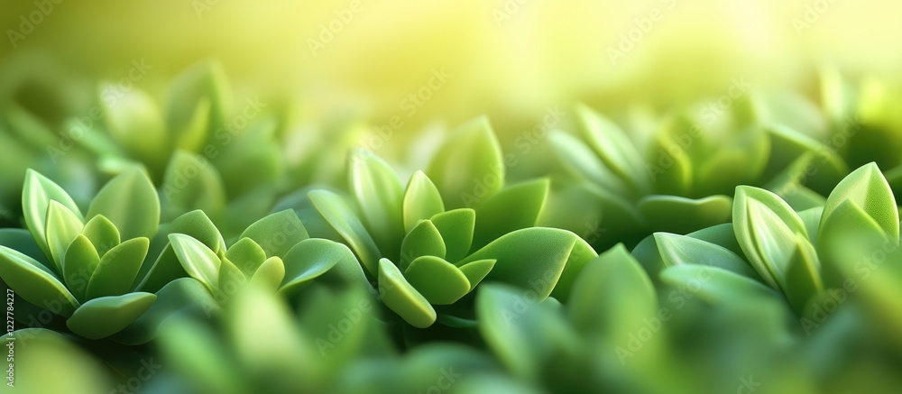 Poster closeup of lush green succulents in soft focus creating an abstract home decor background with ample