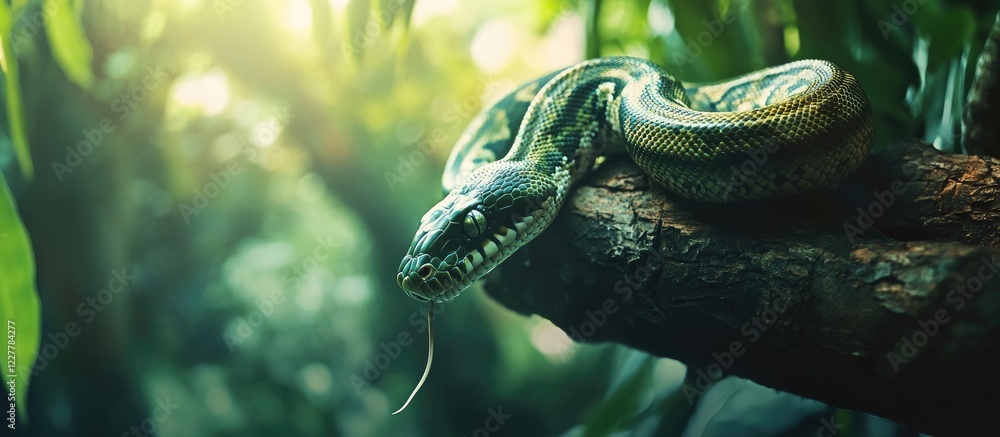 Poster green python relaxing on tree branch in lush jungle with blurred background ideal for wildlife theme