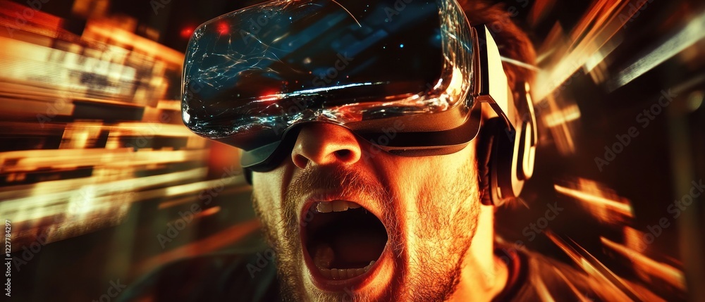 Poster man experiencing excitement in virtual reality setting