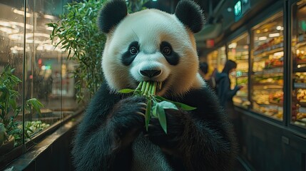 Obraz premium Panda Eating Bamboo Shoots In A City Setting