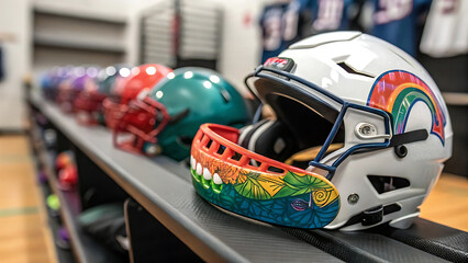 National facial protection month colorful helmet designs for safety awareness.