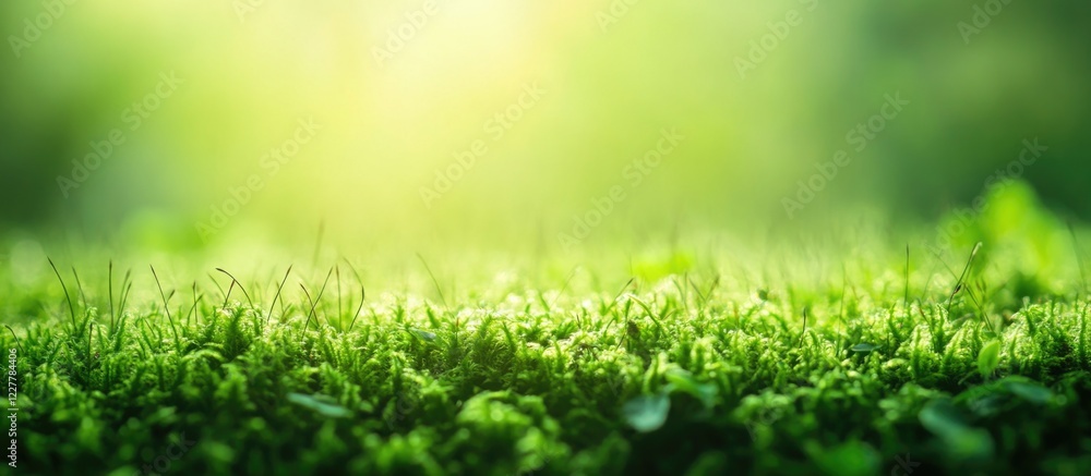 Poster lush green moss texture abstract background with blurred natural light and space for text or design 