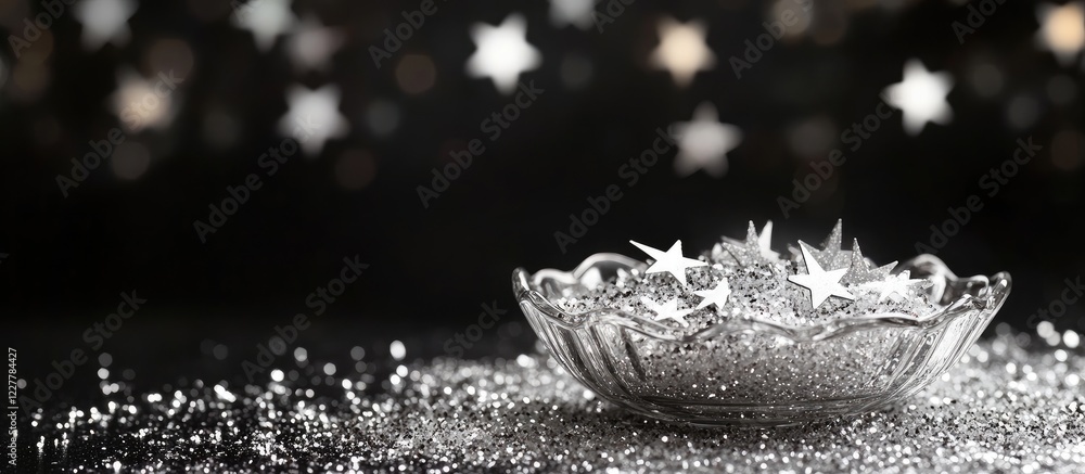 Poster sparkling silver snow with shimmering stars against dark background and ample space for text overlay