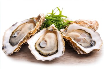 Oysters and shellfish shine at seafood festivals. Fresh oysters on ice with seaweed garnish.