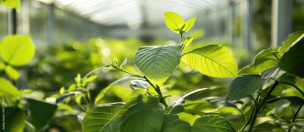 Wall mural Lush green plant leaves and inflorescence thriving in greenhouse with sunlit background and ample space for text placement