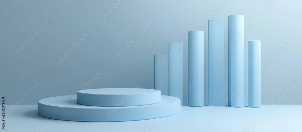 Poster data visualization concept with 3d blue graphs and circular pedestals for infographics and statistic