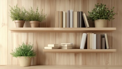 Wooden Shelves with Books and Plants: A Minimalist Home Decor