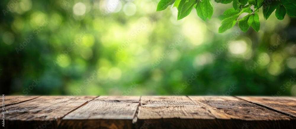 Aufkleber serene green nature background with soft bokeh effect and wooden surface, ideal for text placement a