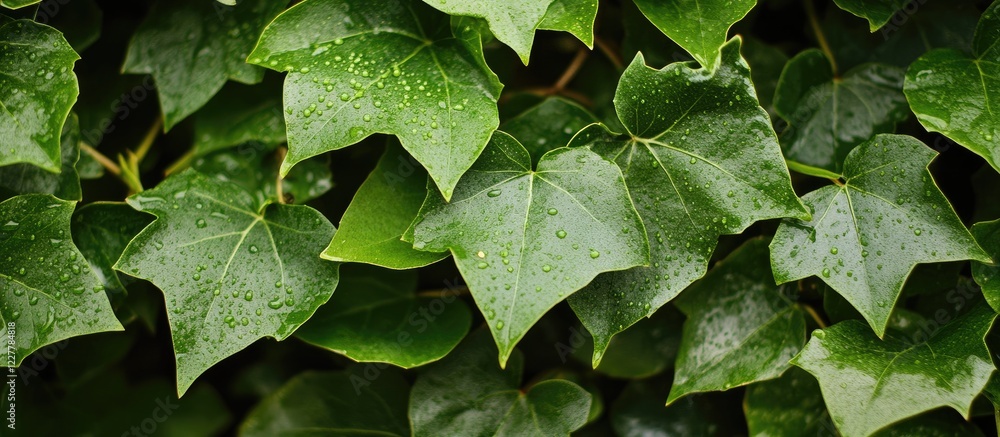 Poster fresh green ivy leaves with raindrops creating a natural backdrop ideal for text overlay and design 