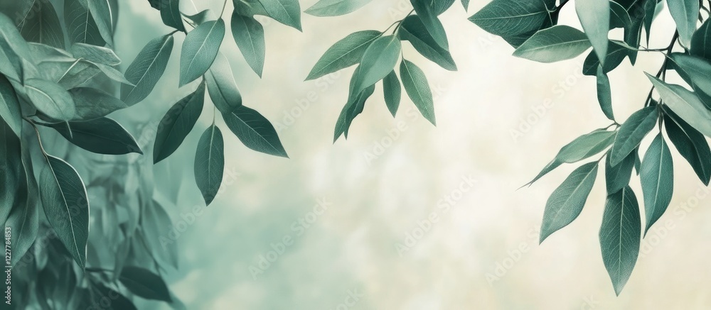 Poster fresh green leaves framing a soft blurred background with ample copy space for text or design elemen