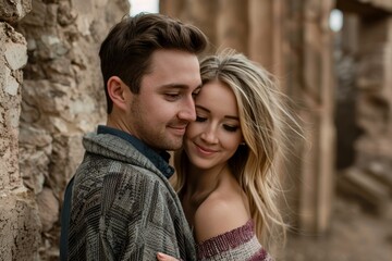 Fototapeta premium Portrait of a blissful caucasian couple in their 20s wearing a chic cardigan in front of backdrop of ancient ruins