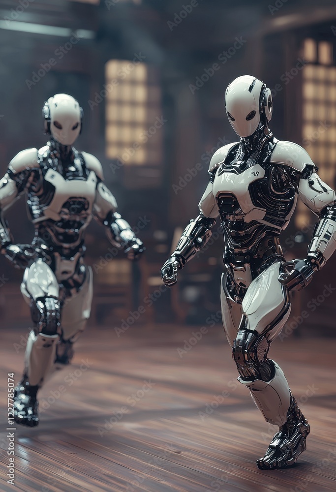 Poster dynamic scene featuring sleek robots running in a futuristic interior environment with industrial el