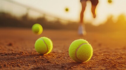 Dynamic Scene of Yellow Tennis Balls on Clay Court During Sunset with Player in Motion