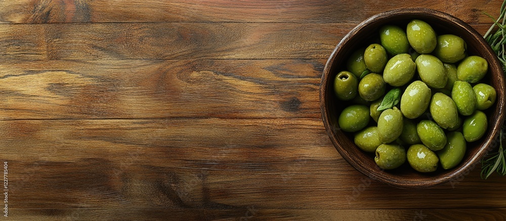 Poster fresh green olives in a rustic bowl on a wooden table with ample space for text or branding in a cul