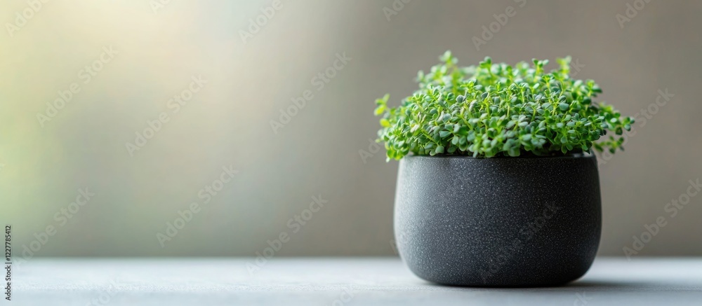 Poster micro leaf succulent in decorative pot with soft focus background and copy space for text display