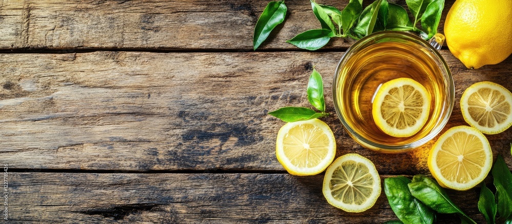 Poster refreshing green tea with lemon slices on rustic wooden table with tea leaves and space for text or 
