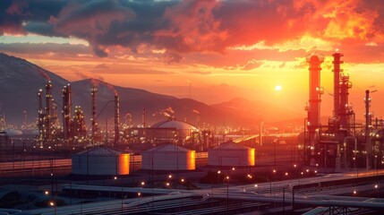 Obraz premium Industrial landscape at sunset showcasing smokestacks and storage tanks against vibrant sky