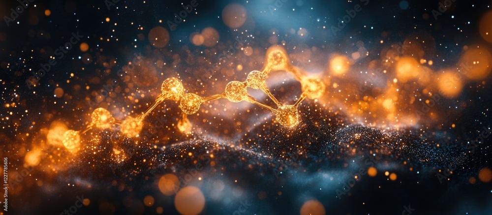 Poster golden and white molecular spirals on a cosmic dark background with empty space for your custom text