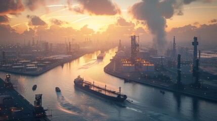 Industrial harbor at sunset with ships navigating the river amidst smokestacks and clouds
