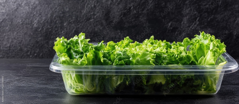 Poster fresh green lettuce in clear plastic container on dark surface with blank space for text and brandin
