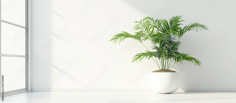 Poster indoor green plant in a white pot beside bright window with minimalistic empty space for text in mod