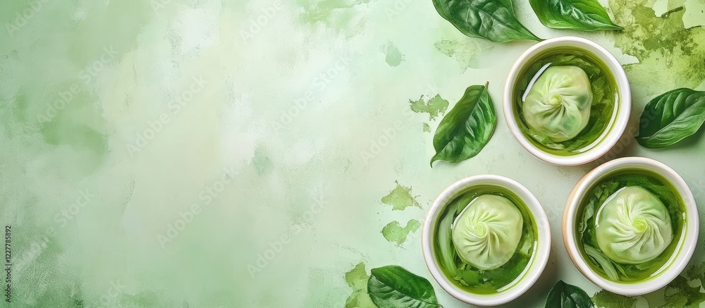 Poster green dumplings with soup in bowls surrounded by leaves on a soft green background ideal for text pl
