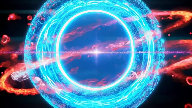 Quantum energy ring with atomic particles. Scientific visualization of quantum mechanics, subatomic interactions, and energy fields.