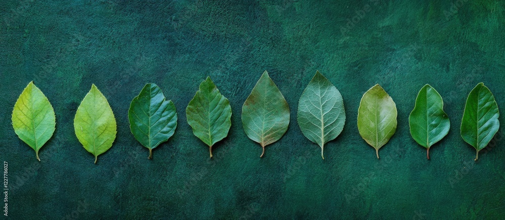 Poster green leaves gradually transitioning to different shades with blank space for text on a dark teal ba