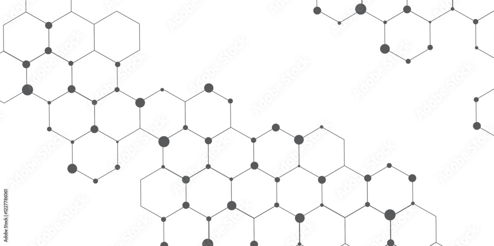 Poster Molecular structure abstract tech background. Geometric white background. Vector banner design with hexagons. Science network pattern, connecting lines and dots Medical background, Vector illustration