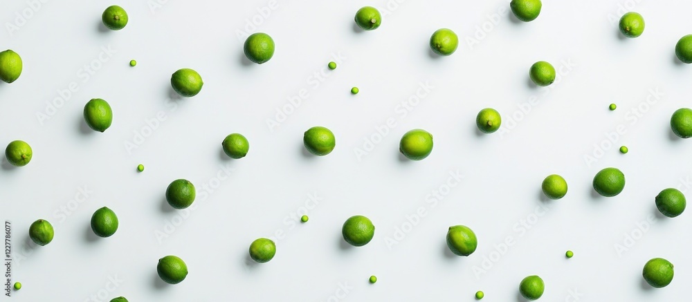 Poster fresh green limes displayed on white surface with ample blank space for text or branding elements