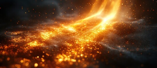 Golden light illuminating dark surroundings with shimmering particles creating a mystical atmosphere and ample space for your text design.