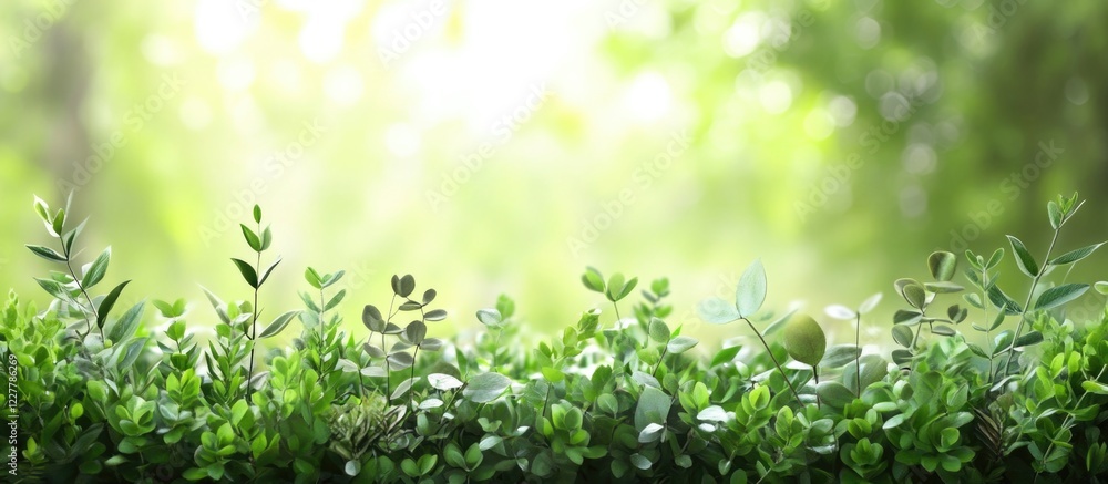 Aufkleber lush green low plants against a soft meadow background with ample space for text and design elements
