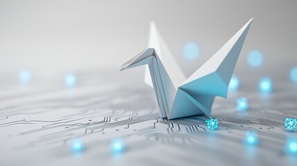 Origami crane on a circuit board with glowing blue elements