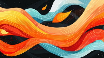 Vibrant abstract waves of orange, blue, and white flow across a dark background, evoking motion
