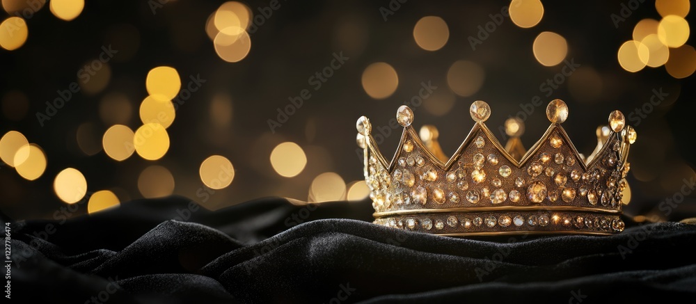 Poster golden crown on black velvet fabric with bokeh lights creating a luxurious backdrop and ample space 