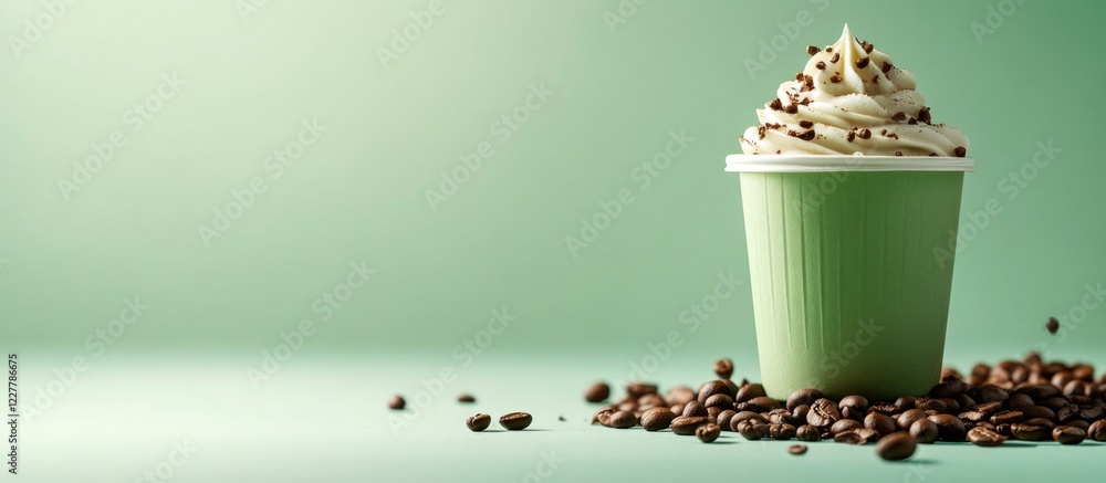 Poster green mocha coffee cup with whipped cream and roasted beans on soft background with ample copy space