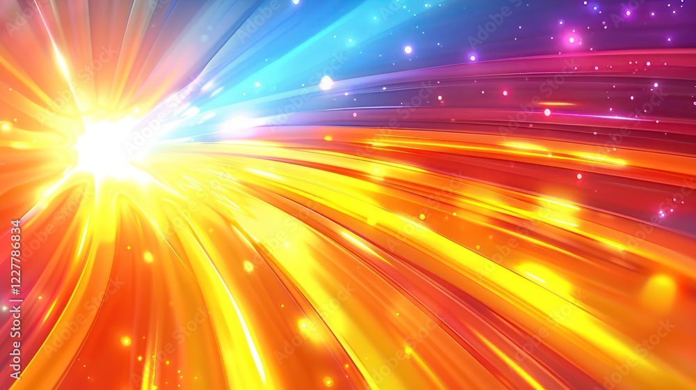 Poster vibrant abstract light burst with colorful rays radiating from a central point, creating a dynamic b