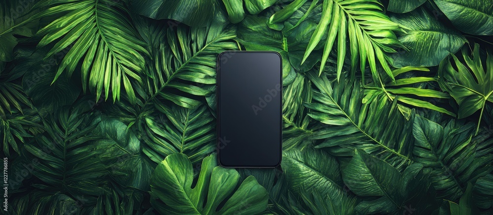 Poster smartphone placed on lush green palm leaves top view with empty space for text or design elements fo